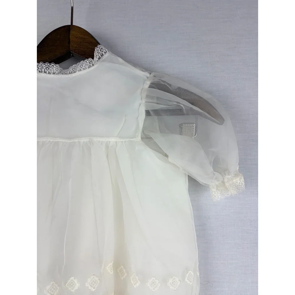 Vintage‎ White Sheer Embroidered Baby Christening Gown Lace Trim Ribbon Tie 9M